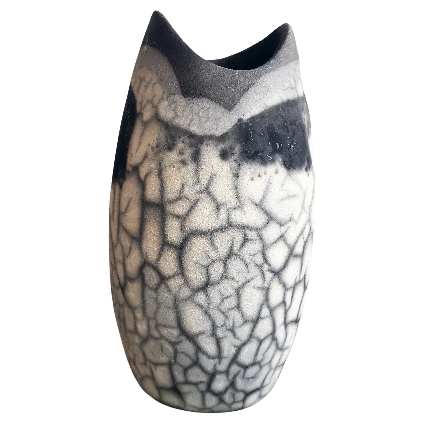 Raaquu Koi Raku Pottery Vase, Smoked Raku, Handmade Ceramic Home Decor For Sale