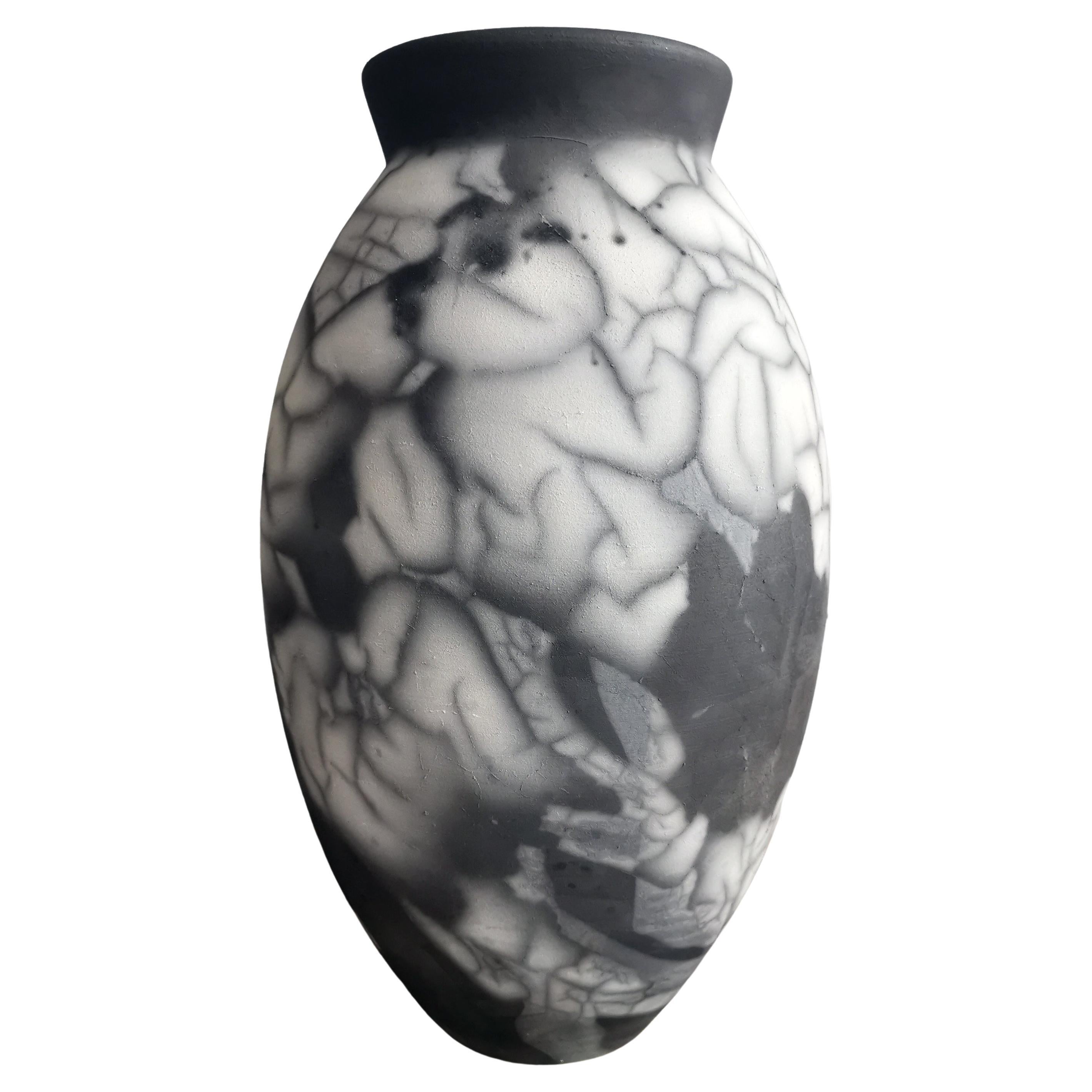 Pre-Order Raku Oval Vase, Smoked Raku, Ceramic Pottery Decor For Sale