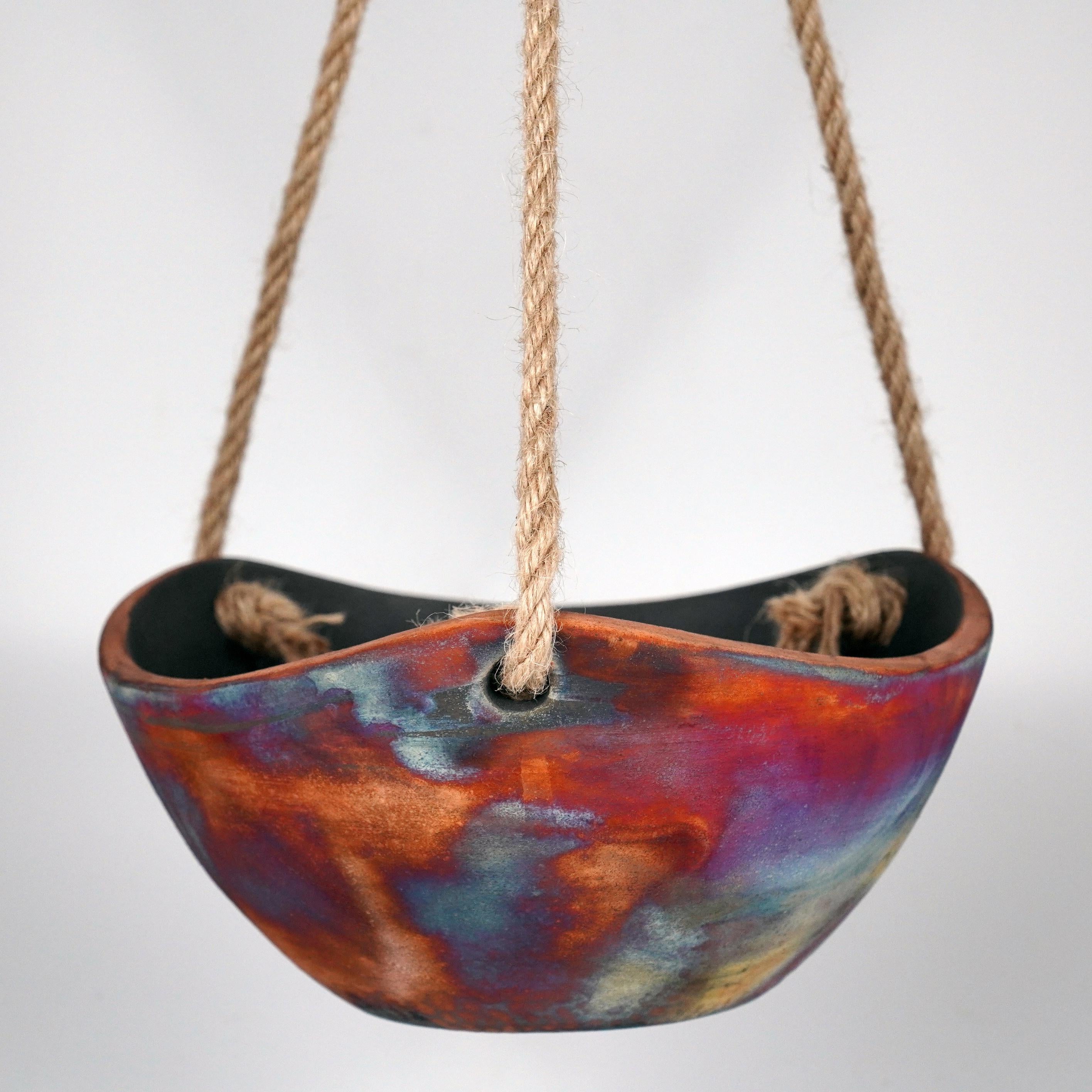 Modern Niwa Indoor Hanging Planter Raku Pottery, Full Copper - Set, Handmade Ceramic For Sale