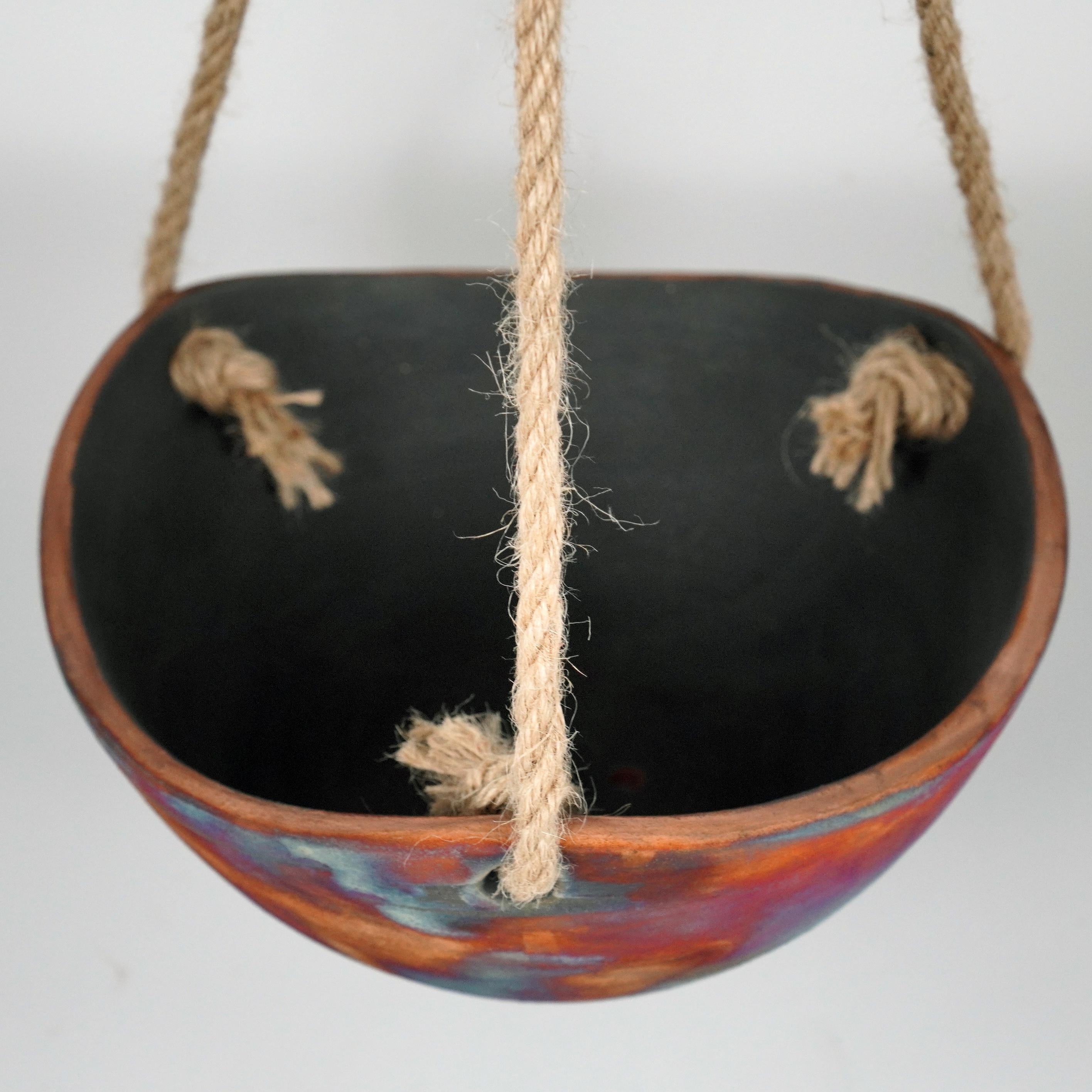 Malaysian Niwa Indoor Hanging Planter Raku Pottery, Full Copper - Set, Handmade Ceramic For Sale