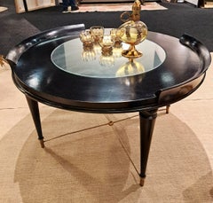 Ebonized Round Coffee Table with a Mirrored Top, 1950s