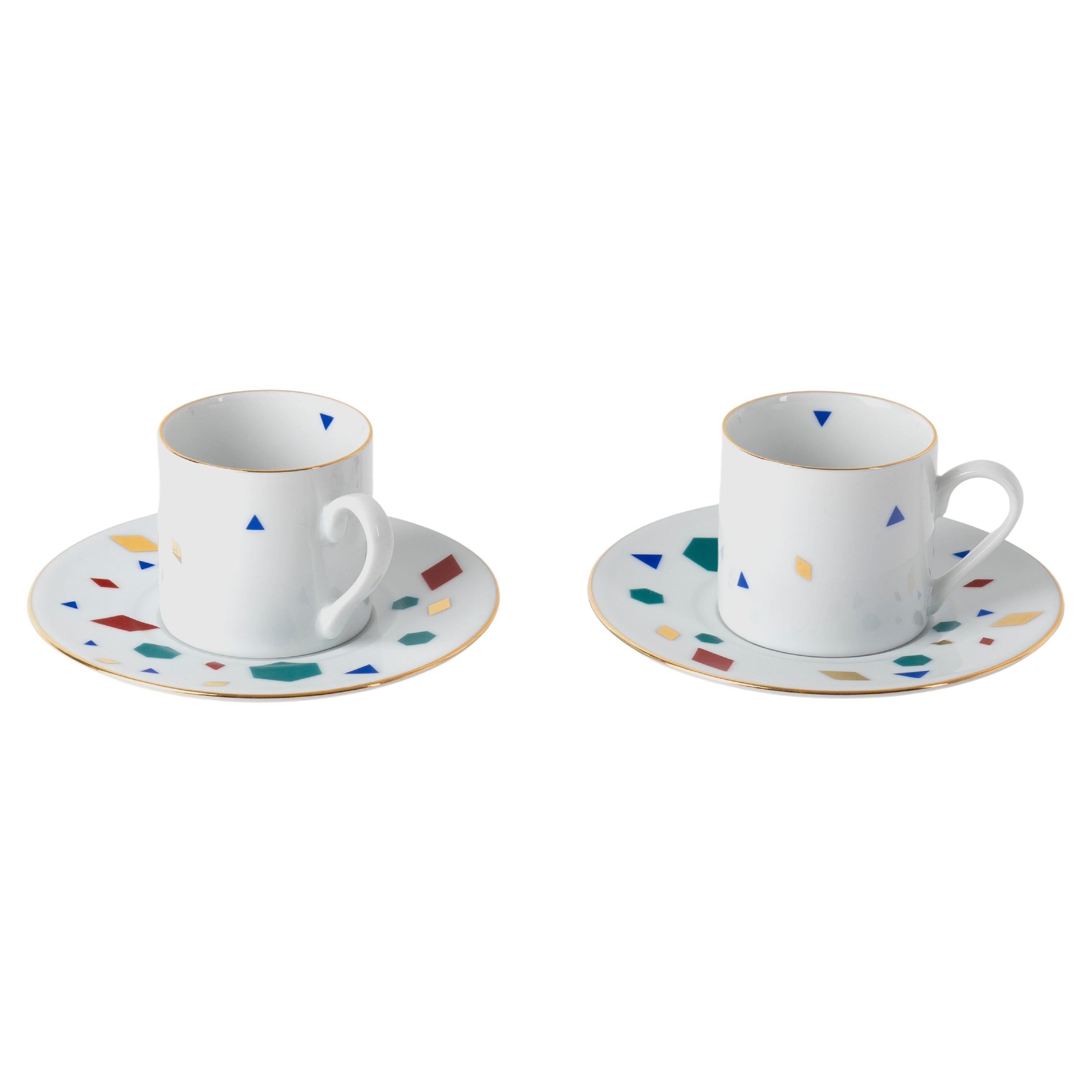 Tasse à café et soucoupe en porcelaine moderne contemporaine décorée ini, 90 ml, lot de 2  en vente