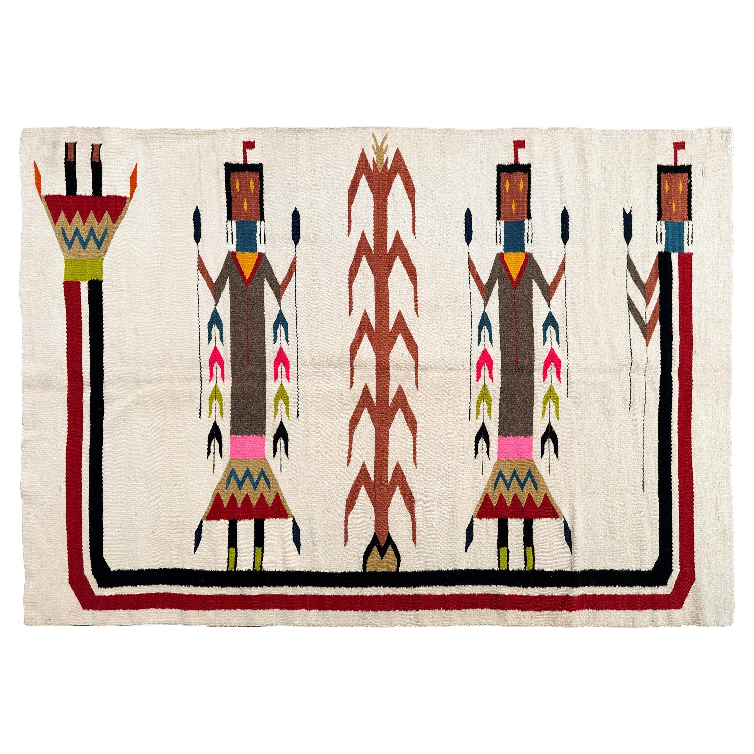 Antique Navajo Rug Yei Navajo Rare Human Geometric Handmade Wool Ivory, 1940