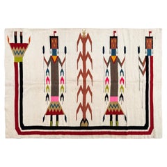 Alfombra Navajo Antigua Yei Navajo Rara Geometría Humana Hecha a Mano Lana Marfil, 1940