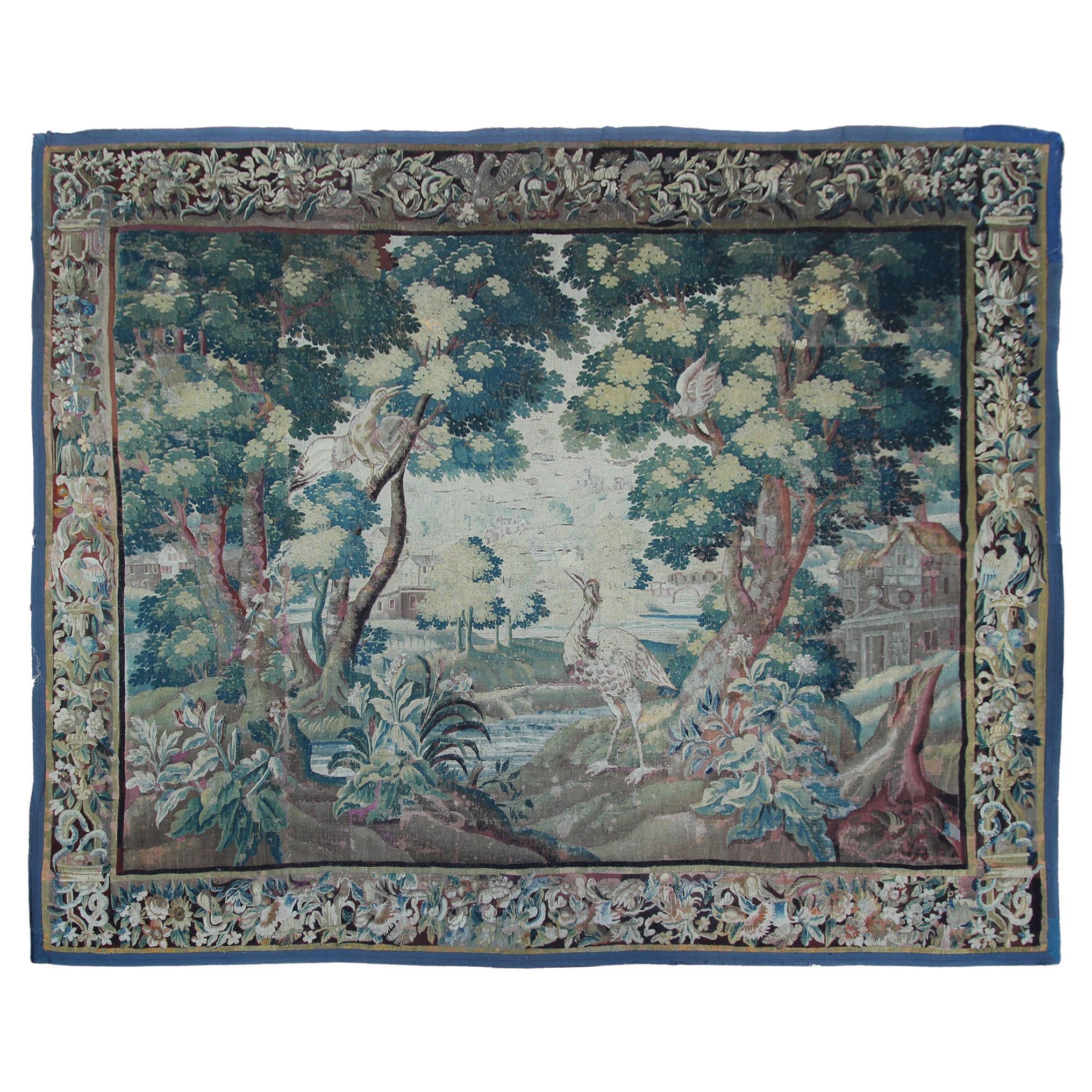 Early 18th century Flemish antique tapestry 10x13 Verdure Wool & Silk 297x384cm For Sale