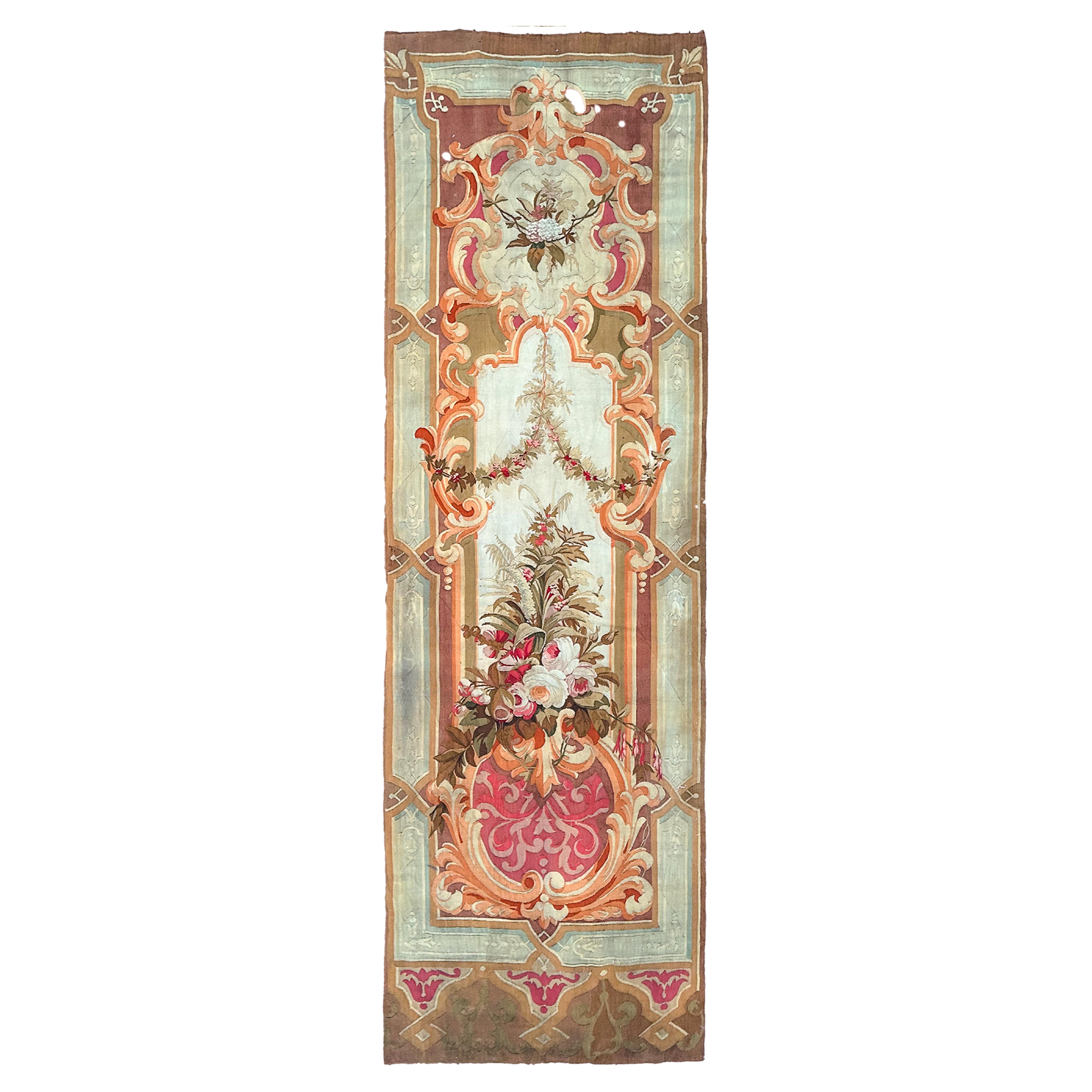 1920 Antique French Aubusson Tapestry Rug Floral Vase Runner 3x10 1880 97x287cm For Sale