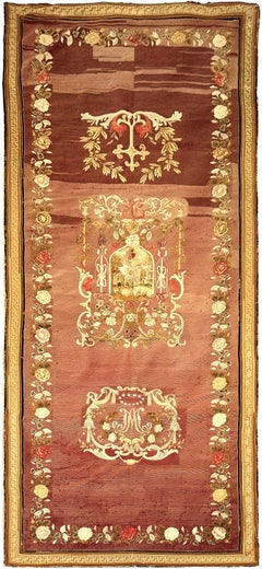 Arazzo francese antico 4X9, firmato, in lana e seta, ricamato a punto croce, 107 cm x 269 cm, 1900 circa