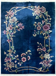 Rare 9X12 Antique Chinese Art Deco Rug Exotic Floral Walter Nichols Blue C.1920