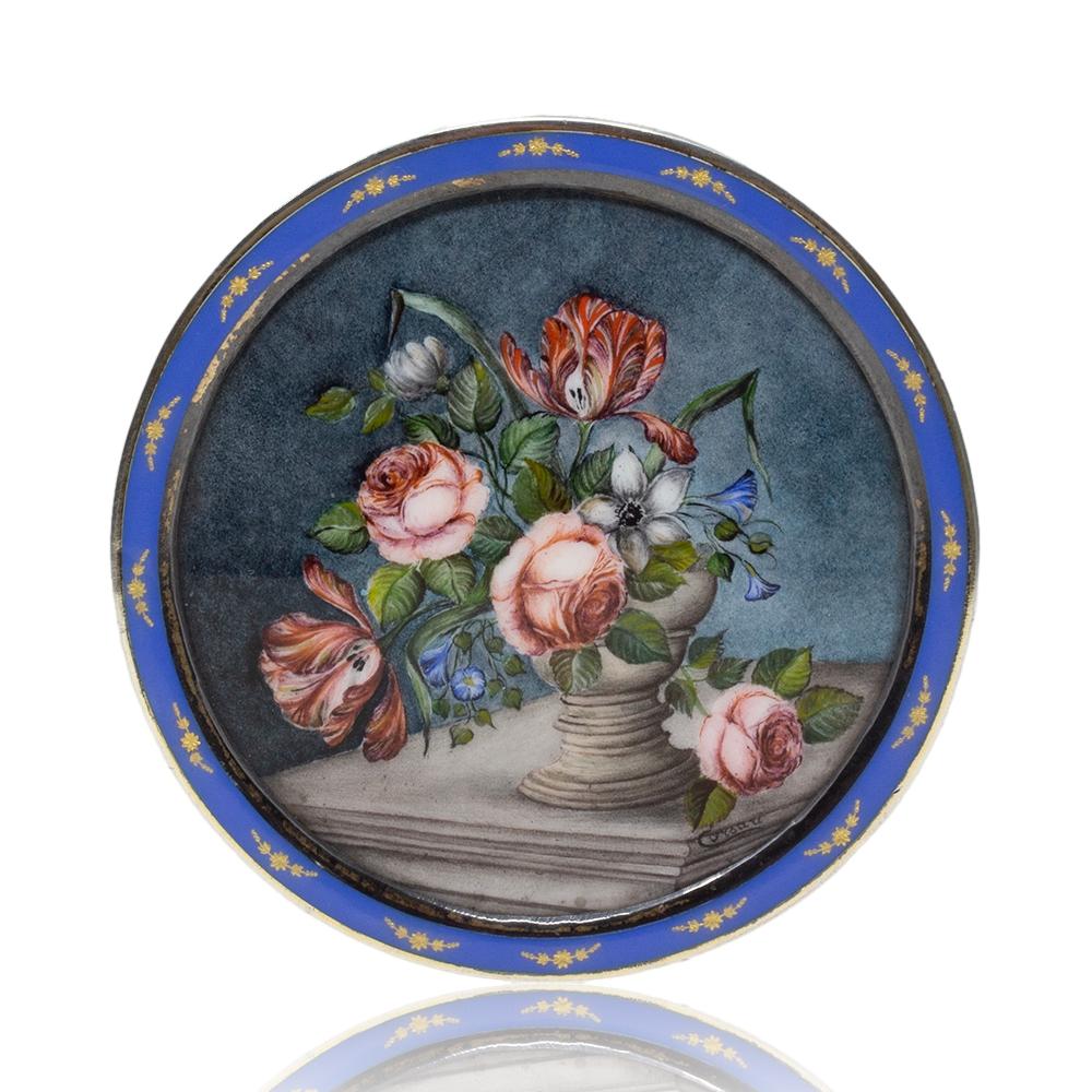 Cast Italian Silver and Enamel Circular Box For Sale