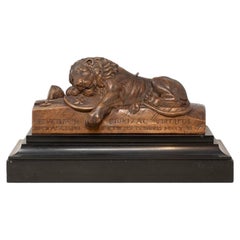 Antique Swiss Black Forest Lion of Lucerne Carving upon a Black Marble Base