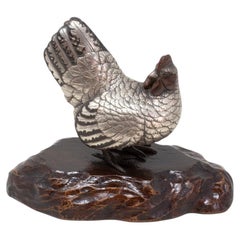 Japanese Meiji Period Silvered Bronze Chicken Okimono