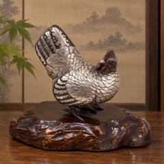 Japanese Meiji Period Silvered Bronze Chicken Okimono