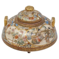 Japanese Meiji Period Satsuma Earthenware Koro Incense Burner by Kinkozan