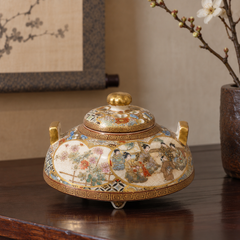 Japanese Meiji Period Satsuma Earthenware Koro Incense Burner by Kinkozan