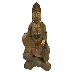 Early 20th Century Chinese Carved and Painted Wood Carved sitting Guan-Yin
