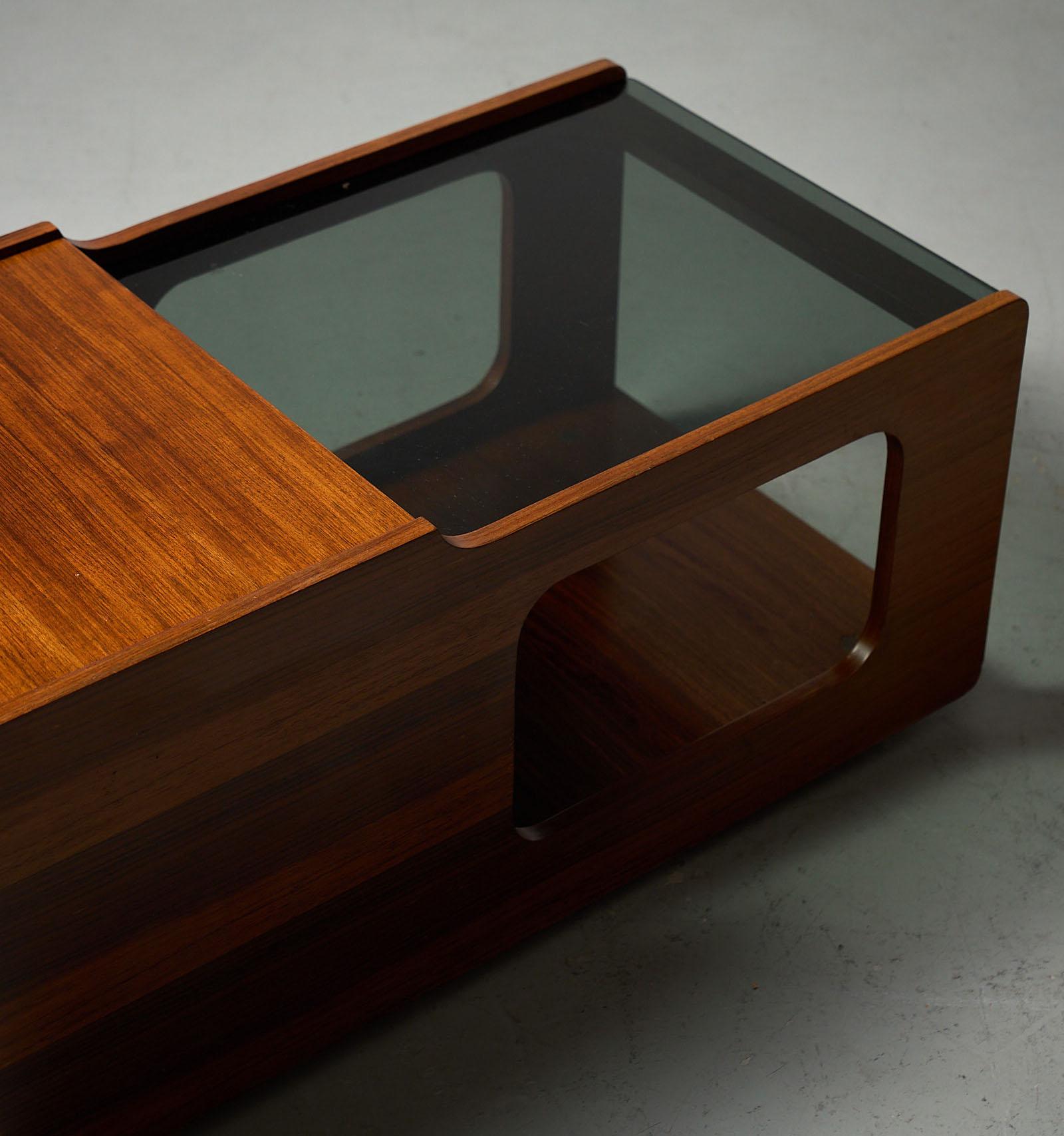 Late 20th Century Glass & wood coffee table with bar compartment, 1970s For Sale