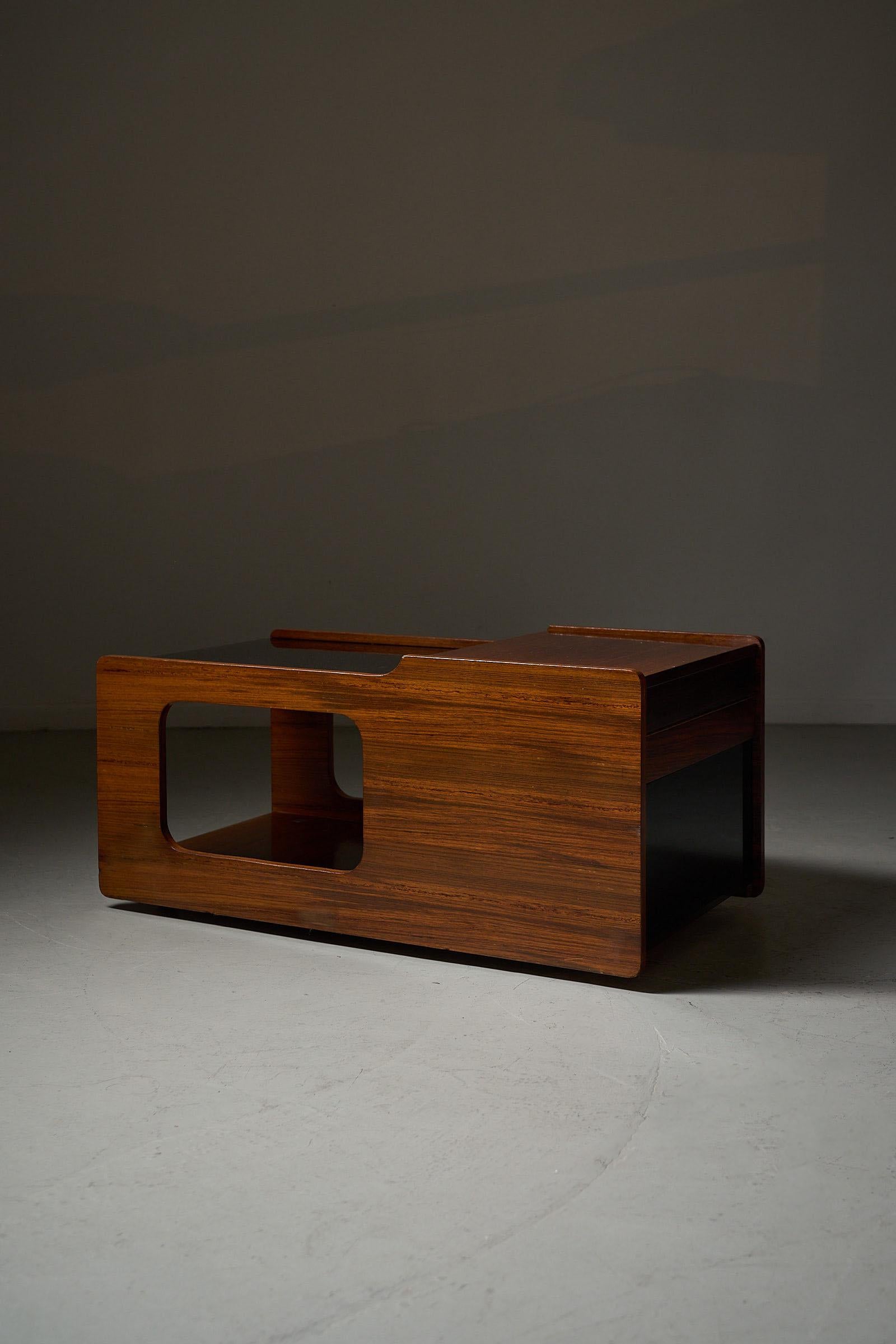 Glass & wood coffee table with bar compartment, 1970s For Sale 1