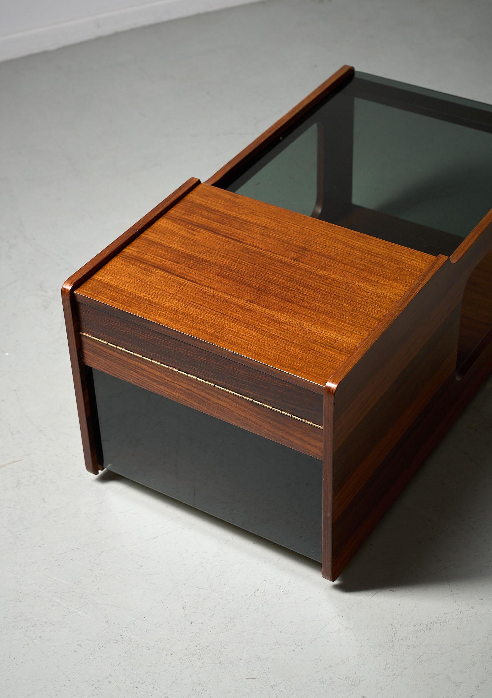 Italian Glass & wood coffee table with bar compartment, 1970s For Sale