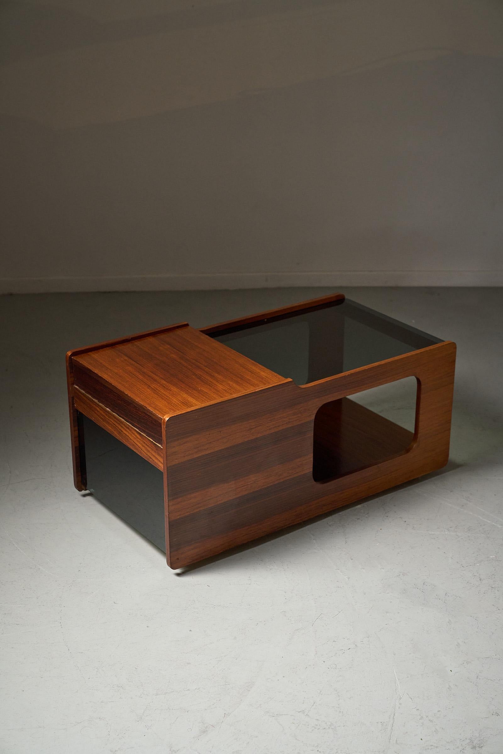 Glass & wood coffee table with bar compartment, 1970s For Sale 2