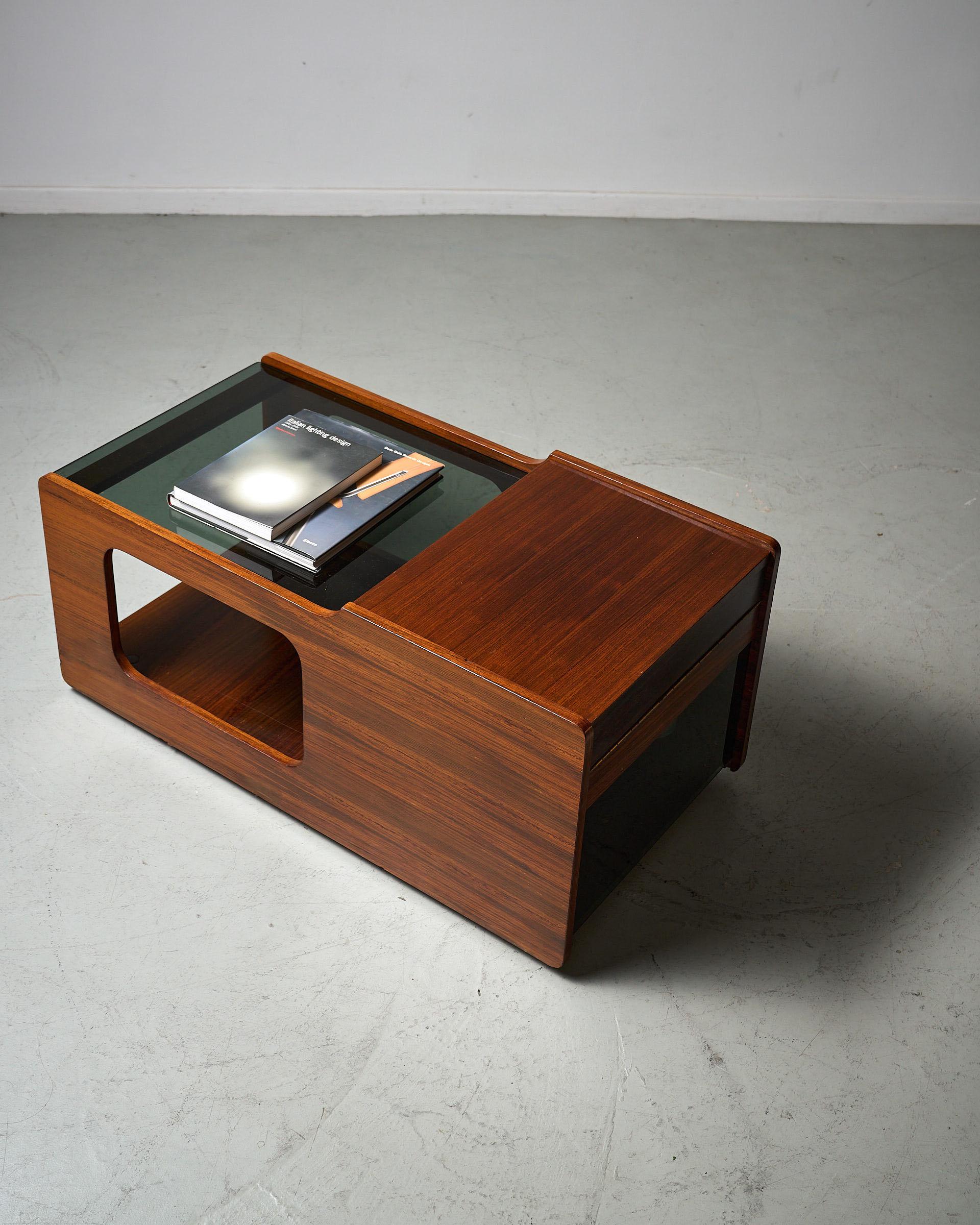 Mid-Century Modern Glass & wood coffee table with bar compartment, 1970s For Sale