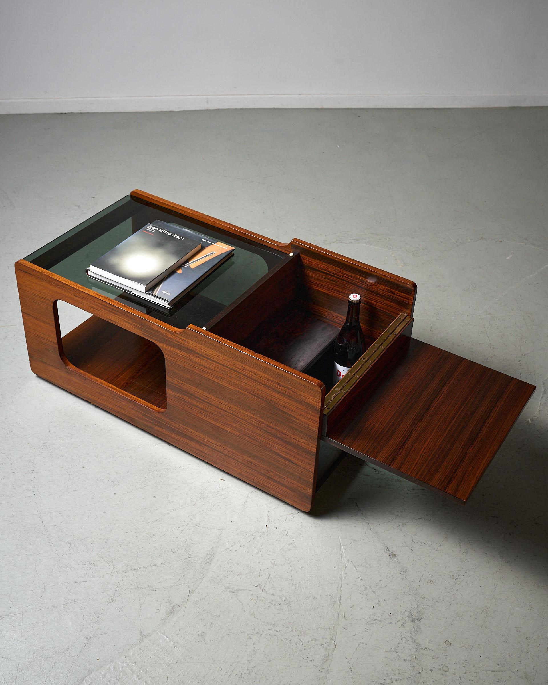 Glass & wood coffee table with bar compartment, 1970s
