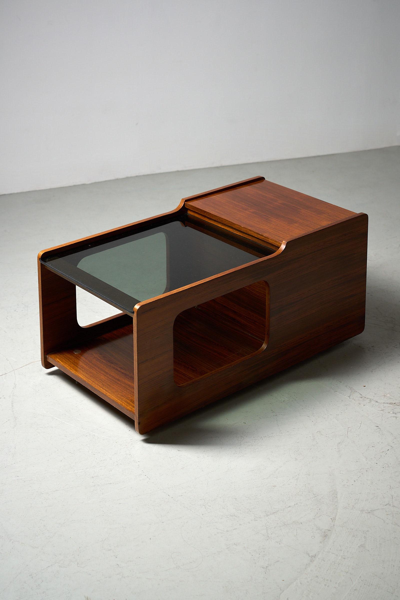 Glass & wood coffee table with bar compartment, 1970s For Sale 3
