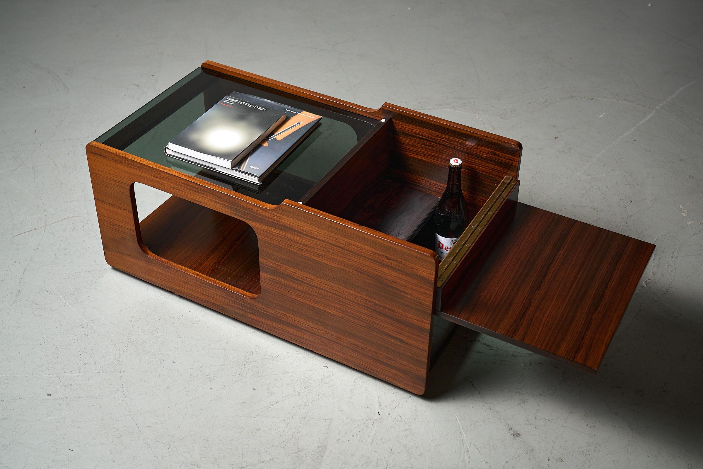 Glass & wood coffee table with bar compartment, 1970s For Sale 5