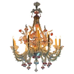 Rezzonico Venetian chandelier in colourless, blue and red Murano glass