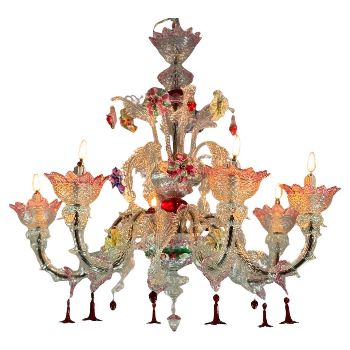 Lampadario veneziano in vetro di Murano multicolore, 6 bracci luminosi, circa 1920 in vendita