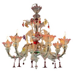 Lampadario veneziano in vetro di Murano multicolore, 6 bracci luminosi, circa 1920