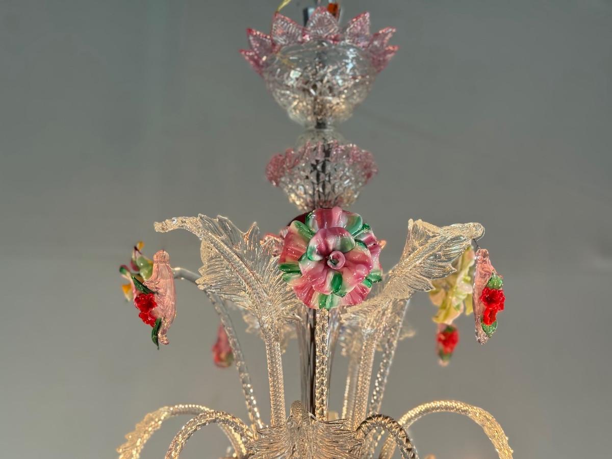 Italiano Lampadario veneziano in vetro di Murano multicolore, 6 bracci luminosi, circa 1920 in vendita