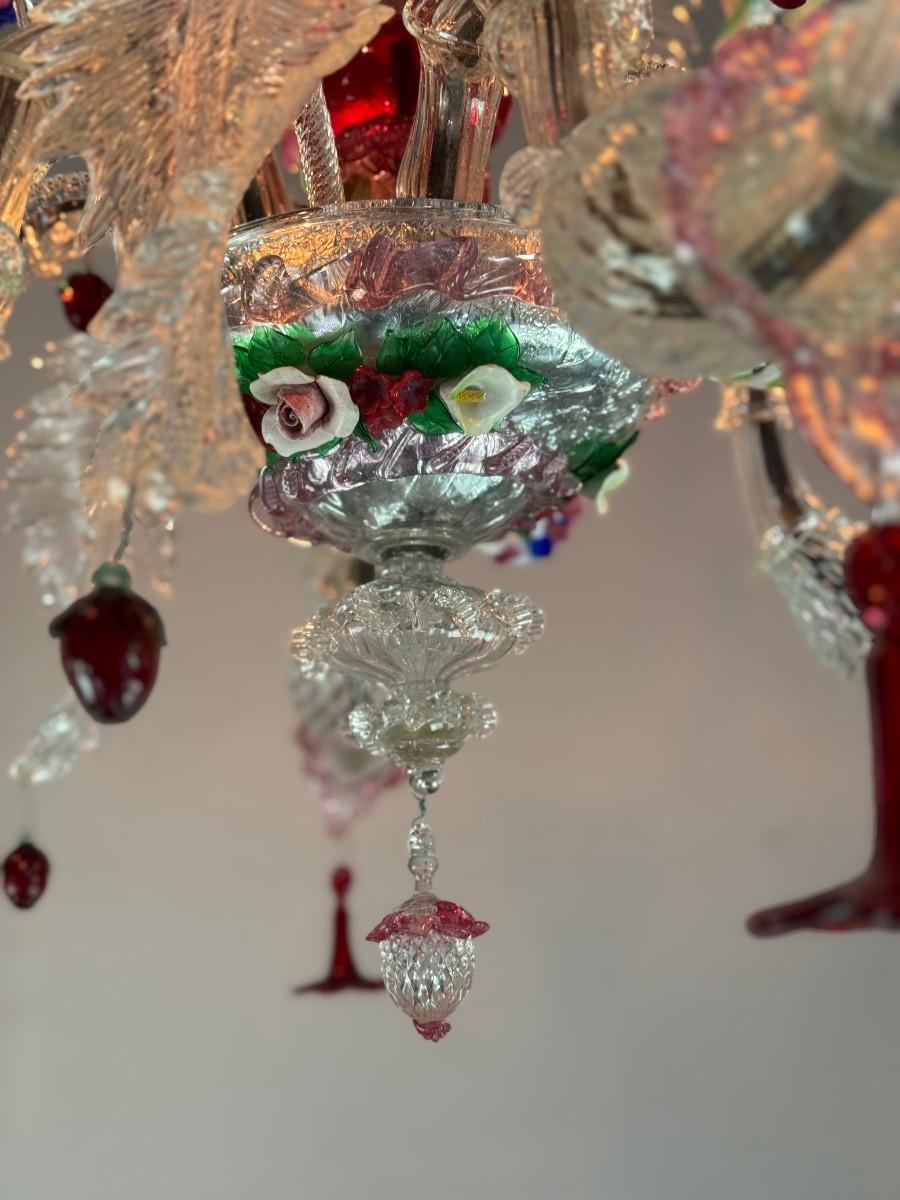 Vetro Lampadario veneziano in vetro di Murano multicolore, 6 bracci luminosi, circa 1920 in vendita