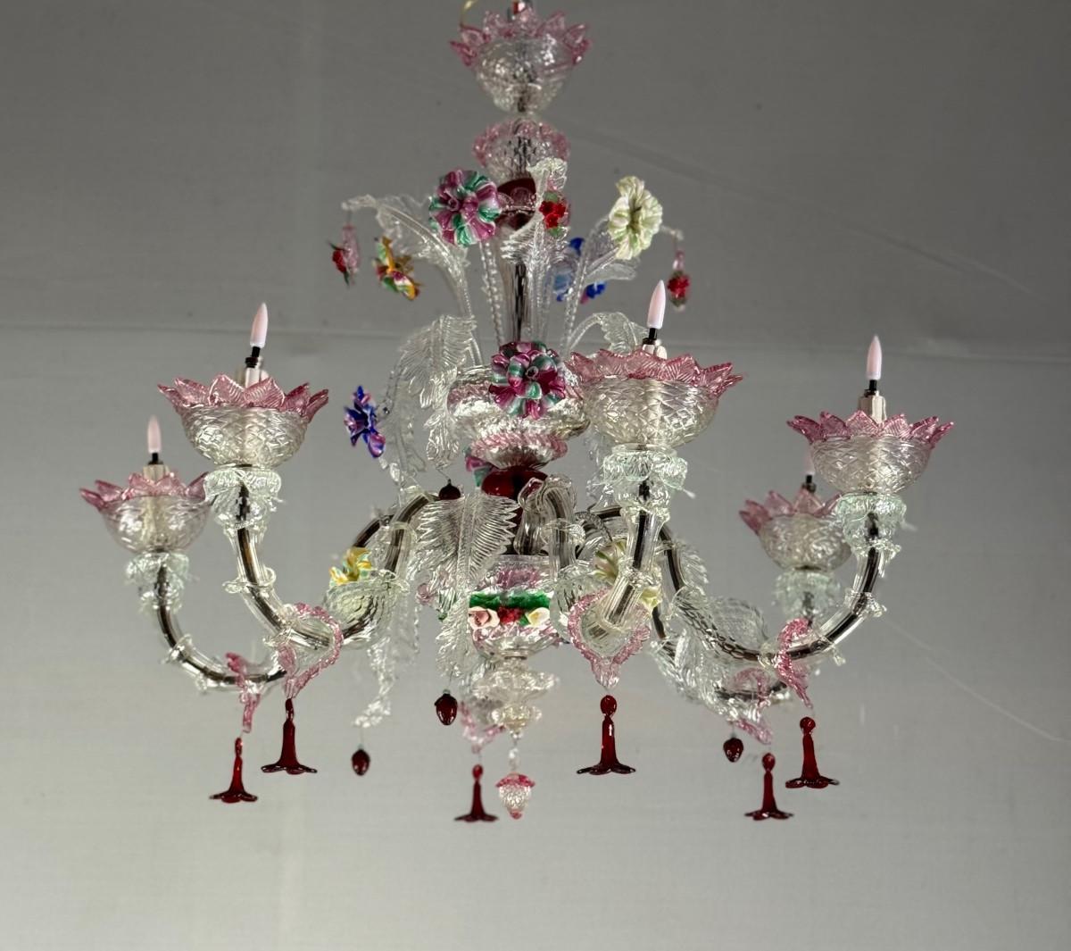 Lampadario veneziano in vetro di Murano multicolore, 6 bracci luminosi, circa 1920 in vendita 4