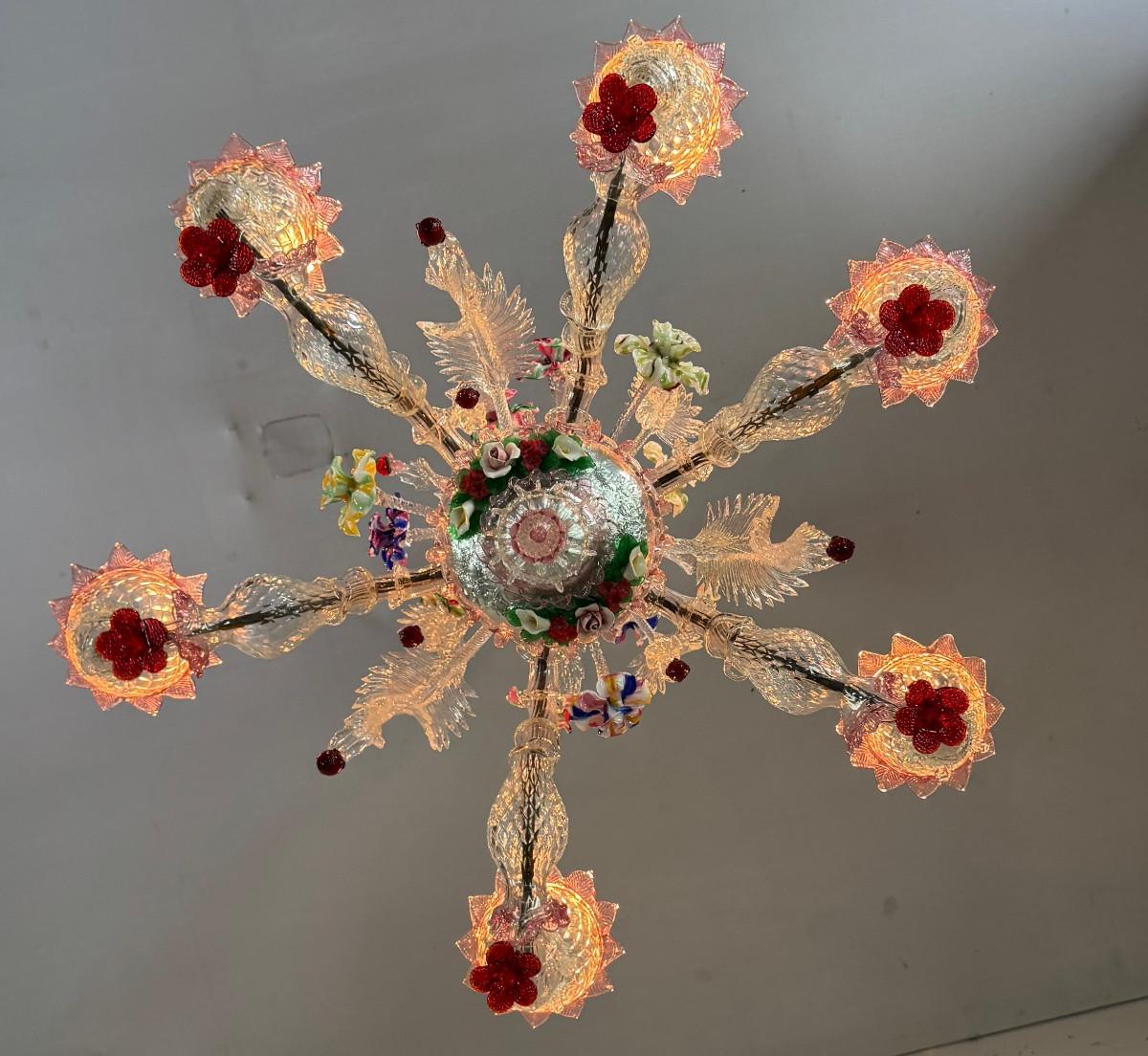 Lampadario veneziano in vetro di Murano multicolore, 6 bracci luminosi, circa 1920 in vendita 3