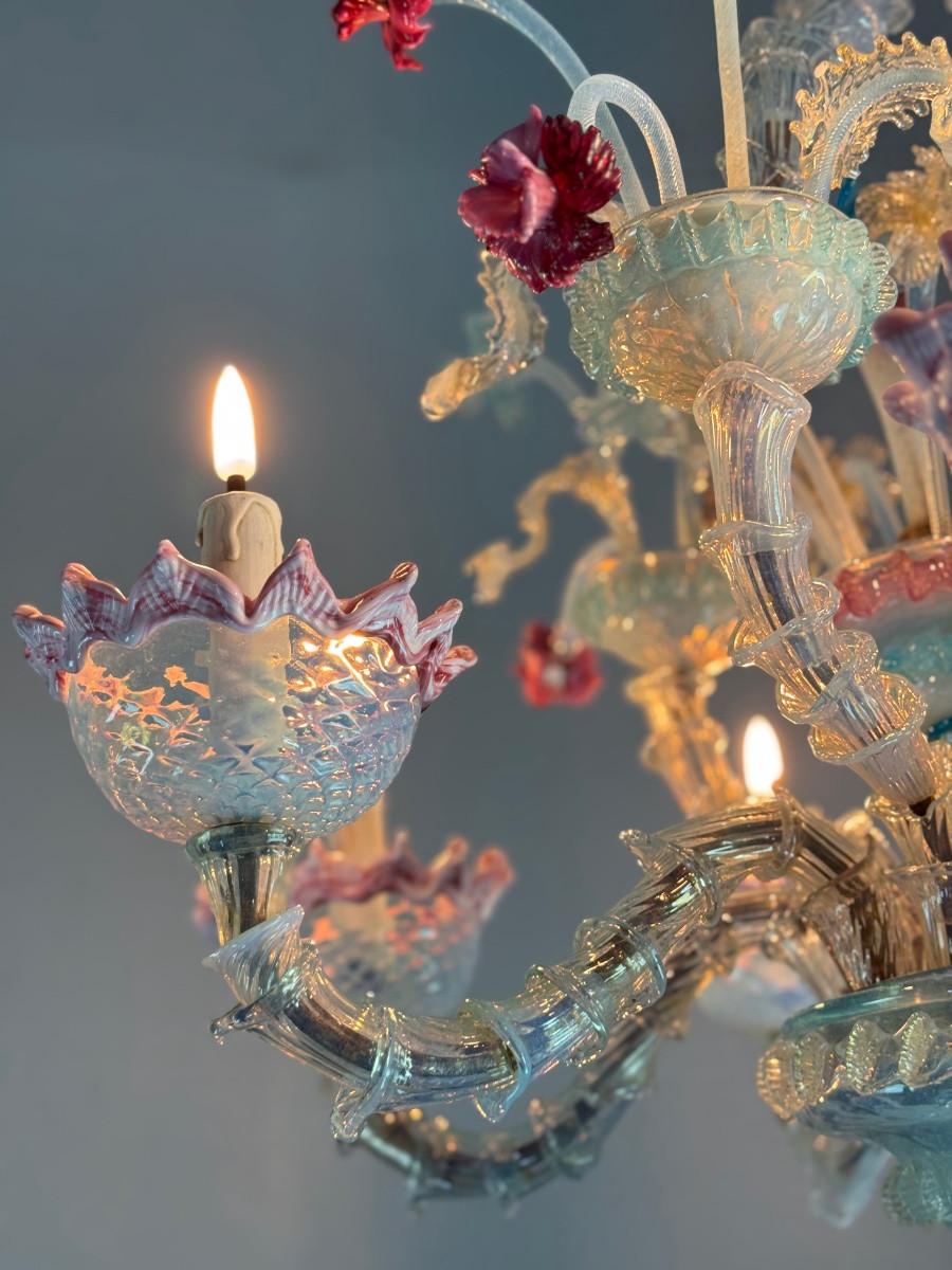 20th Century Rezzonico Venetian chandelier in multicoloured Murano glass, circa 1900 For Sale