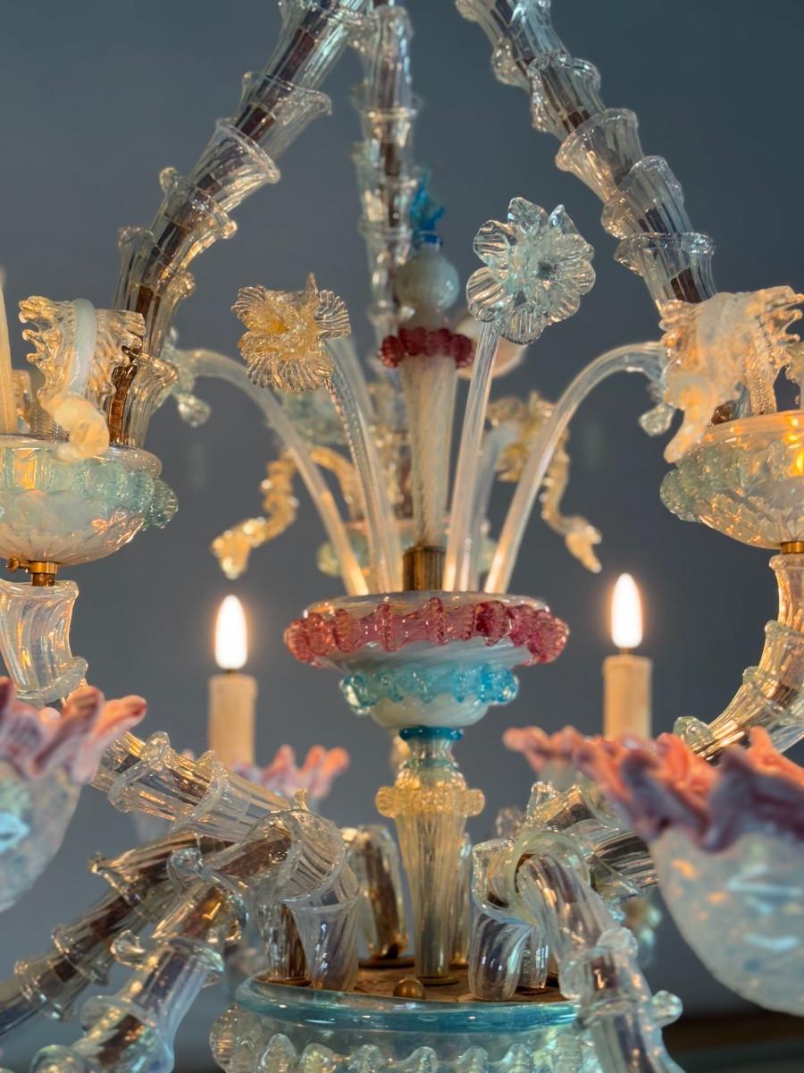 Glass Rezzonico Venetian chandelier in multicoloured Murano glass, circa 1900 For Sale