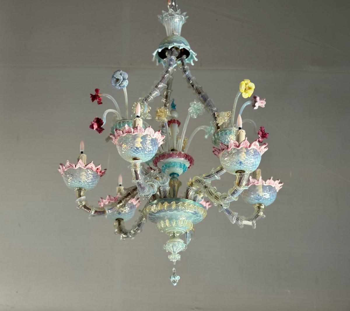 Rezzonico Venetian chandelier in multicoloured Murano glass, circa 1900 For Sale 3