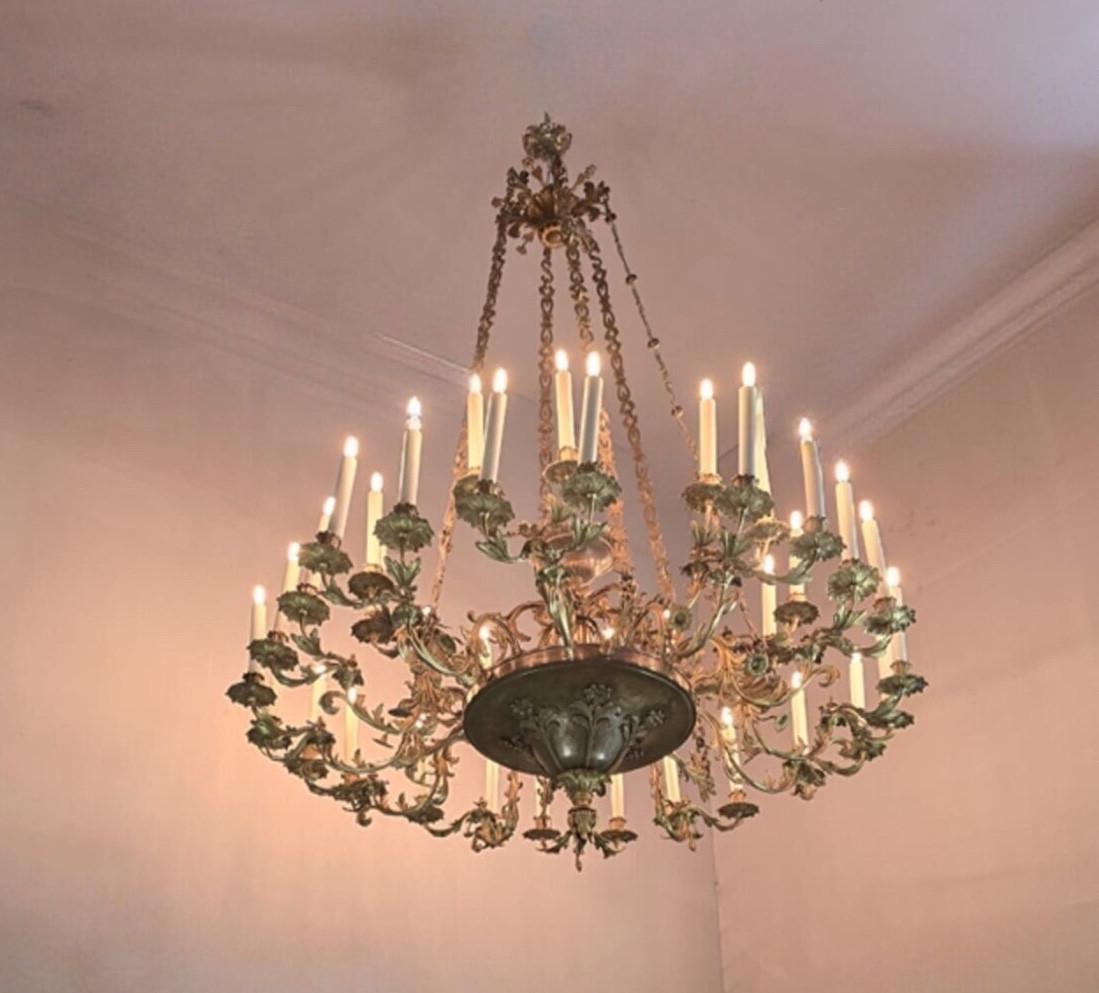 Louis XV Large bronze chandelier, 36 light points, new wiring, circa 1880 For Sale