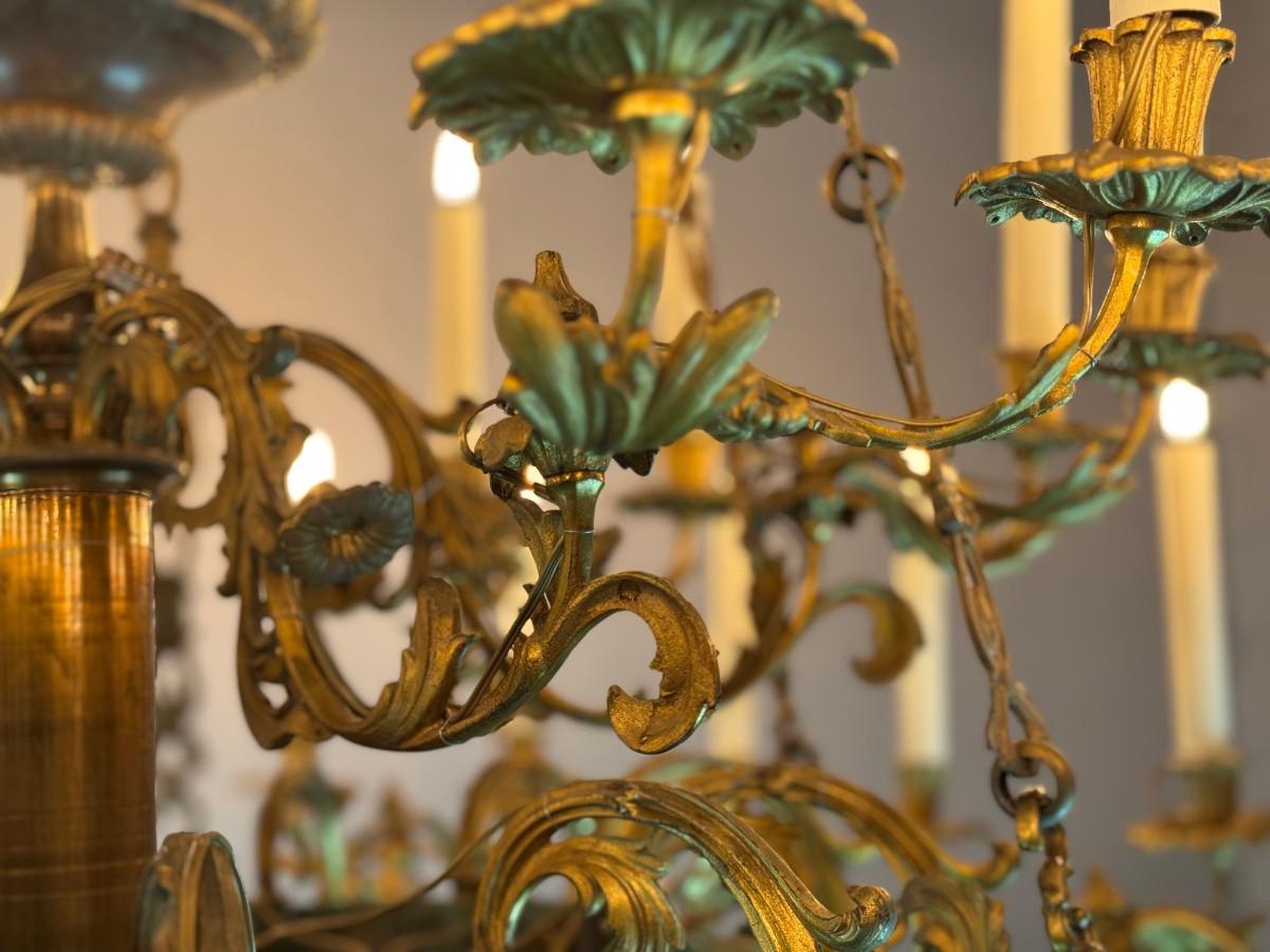 Glass Large bronze chandelier, 36 light points, new wiring, circa 1880 For Sale