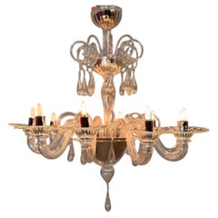 Lampadario veneziano in vetro di Murano trasparente con 10 bracci, circa