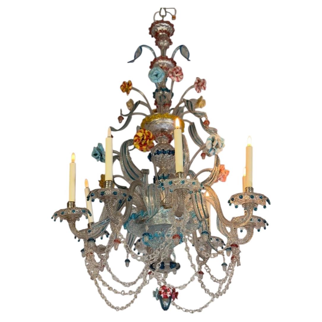 Multicolored Venetian Murano glass chandelier, 8 light arms and three levels