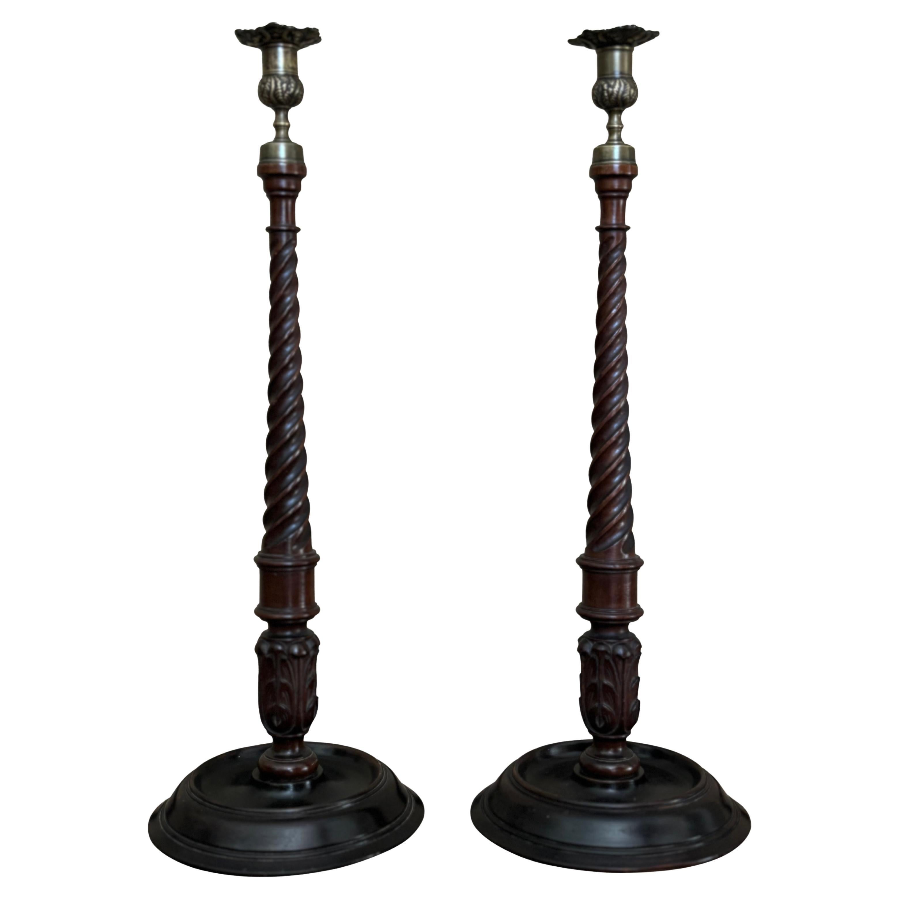 Tall Pair of Early 19th Century Mahogany & Brass Scottish Candlesticks For Sale