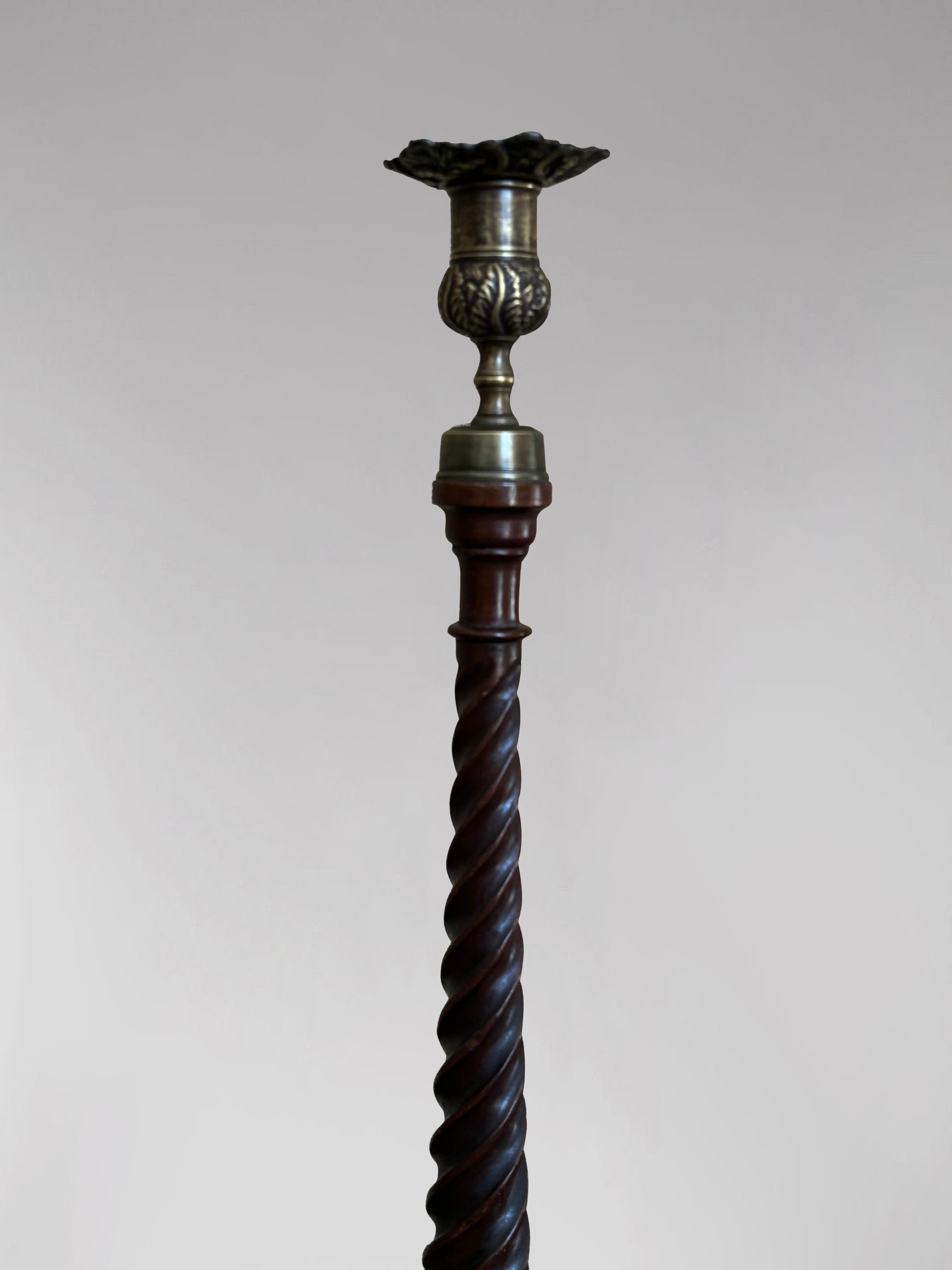 Hand-Carved Tall Pair of Early 19th Century Mahogany & Brass Scottish Candlesticks For Sale