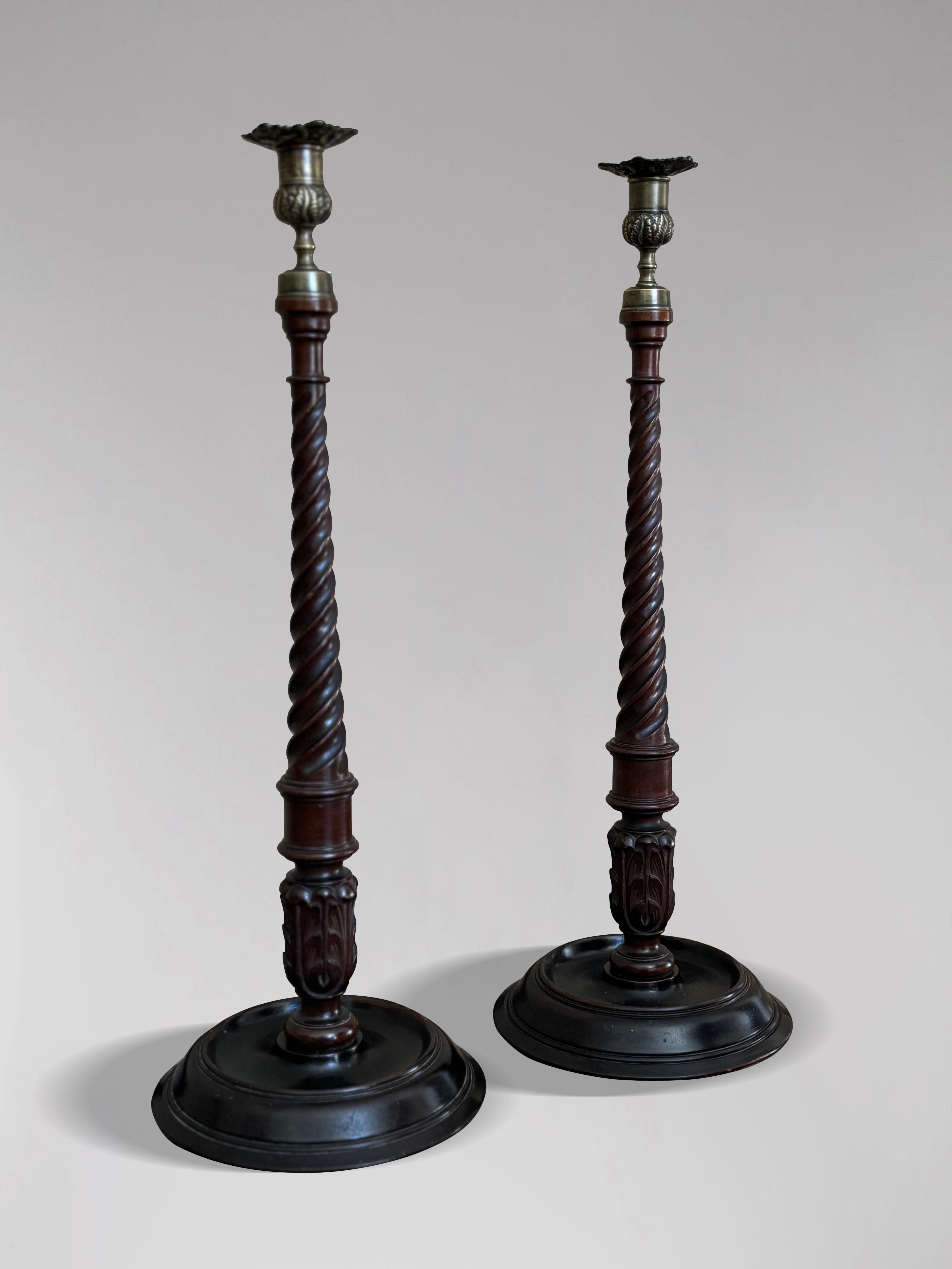 Tall Pair of Early 19th Century Mahogany & Brass Scottish Candlesticks For Sale 1