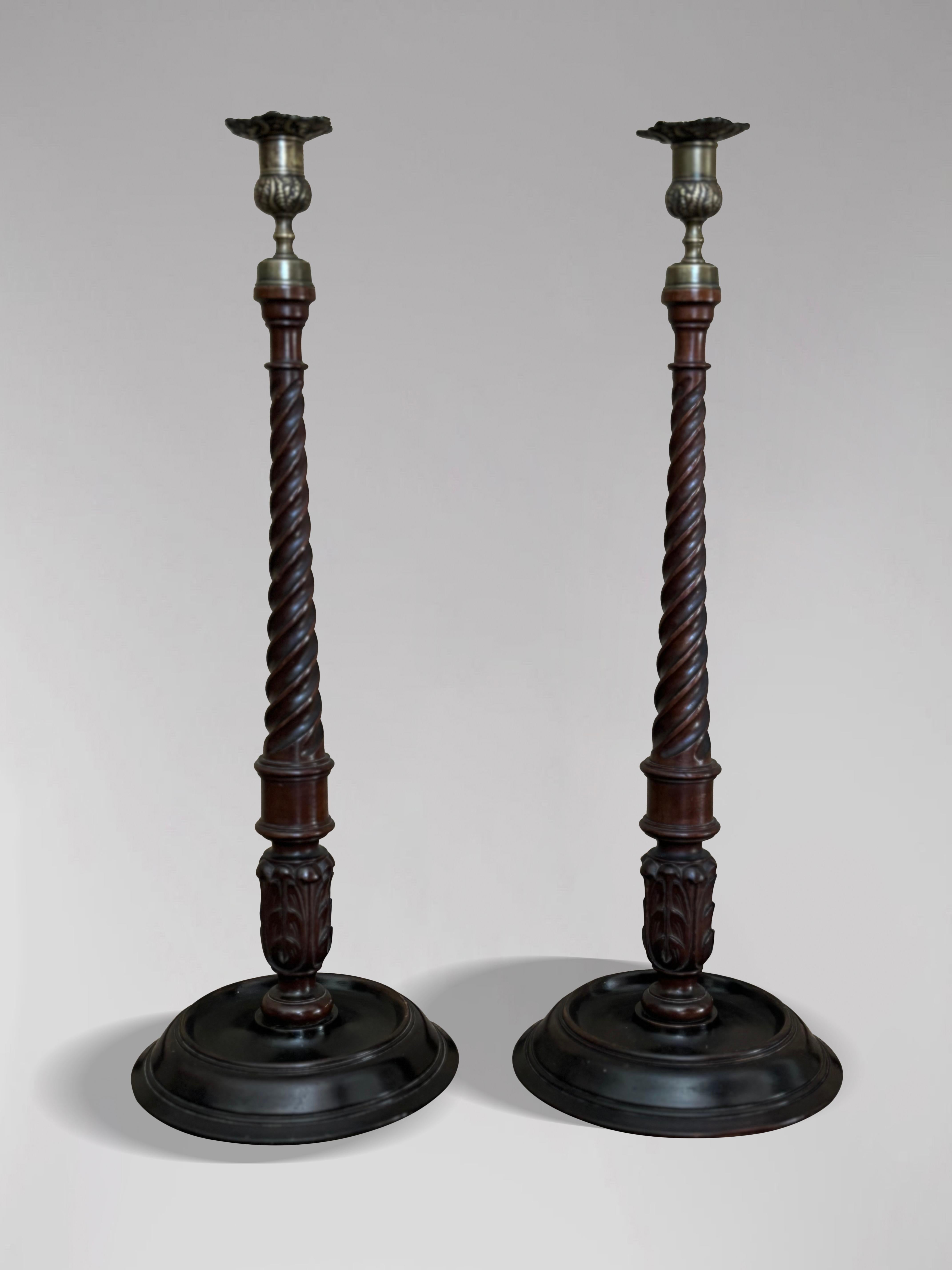 Tall Pair of Early 19th Century Mahogany & Brass Scottish Candlesticks For Sale 2