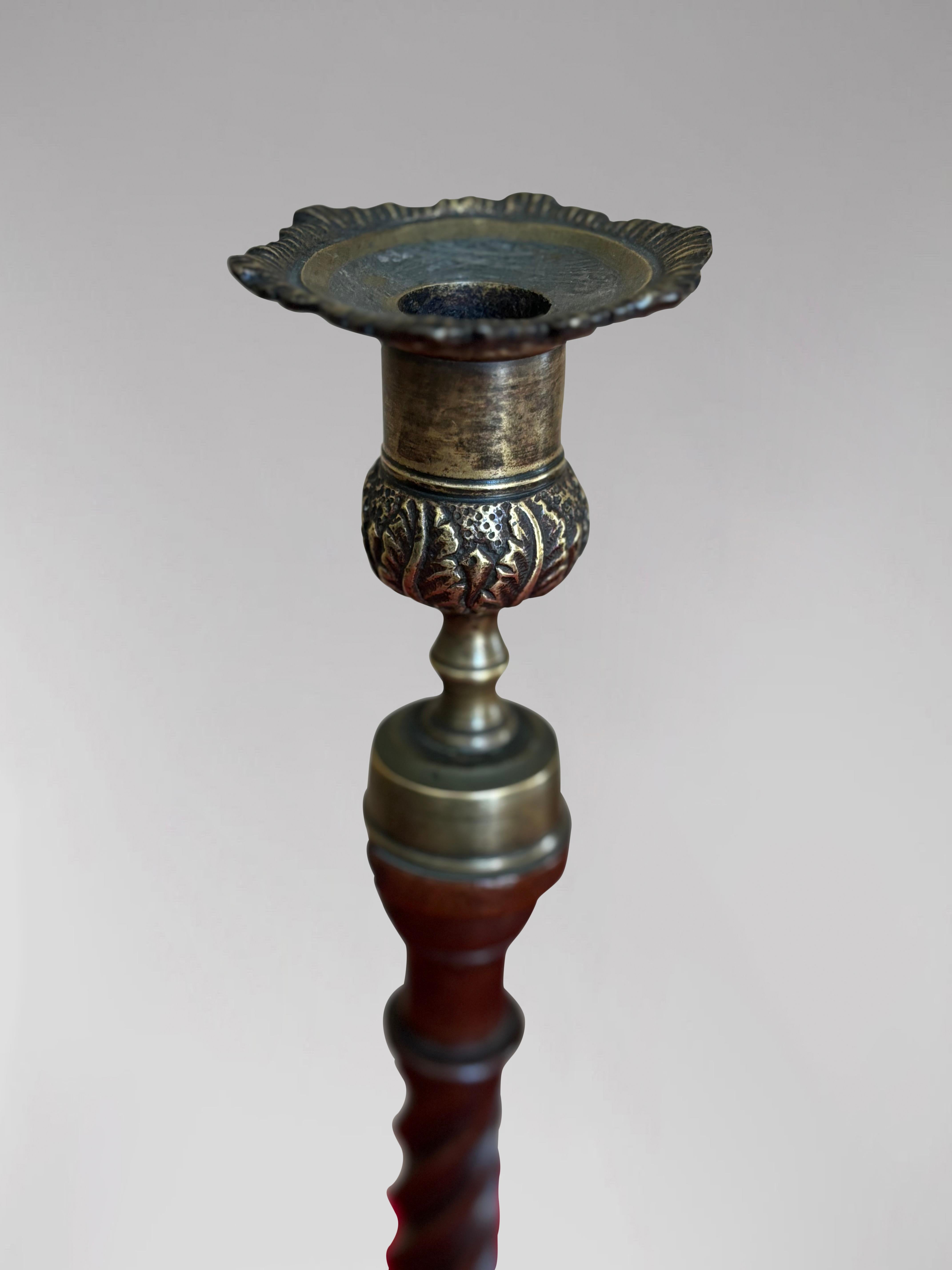Tall Pair of Early 19th Century Mahogany & Brass Scottish Candlesticks For Sale 3