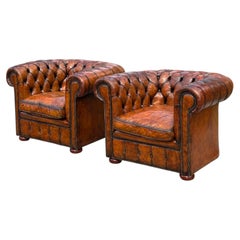 Pair of 19th Century Victorian Period Brown Leather Club Armchairs