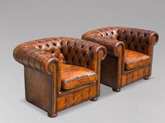 Pair of 19th Century Victorian Period Brown Leather Club Armchairs
