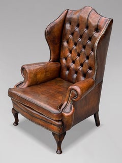 Late 19th Century Brown Leather Wing Back Library Armchair