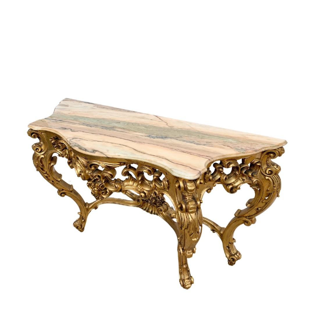 Heavily Carved Vintage Louis XIV Style Giltwood Console Table In Good Condition For Sale In Nantwich, GB